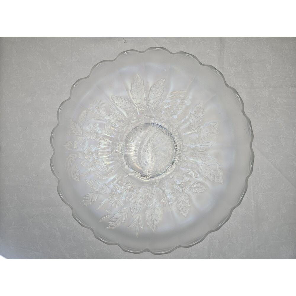 White Northwood Carnival Glass Peacock & Urn Large Bowl Ice Blue Cream Bowl 10in
